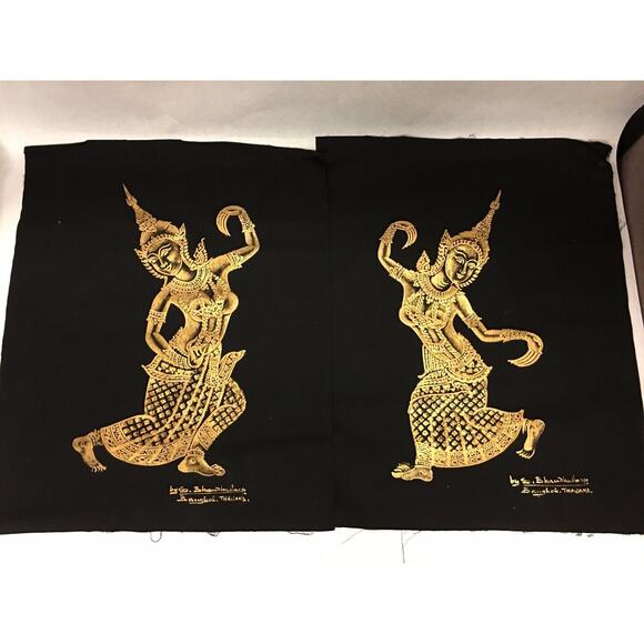 2 signed Thai Temple Dancers Gold On Cotton Fabric Art Painting Bangkok